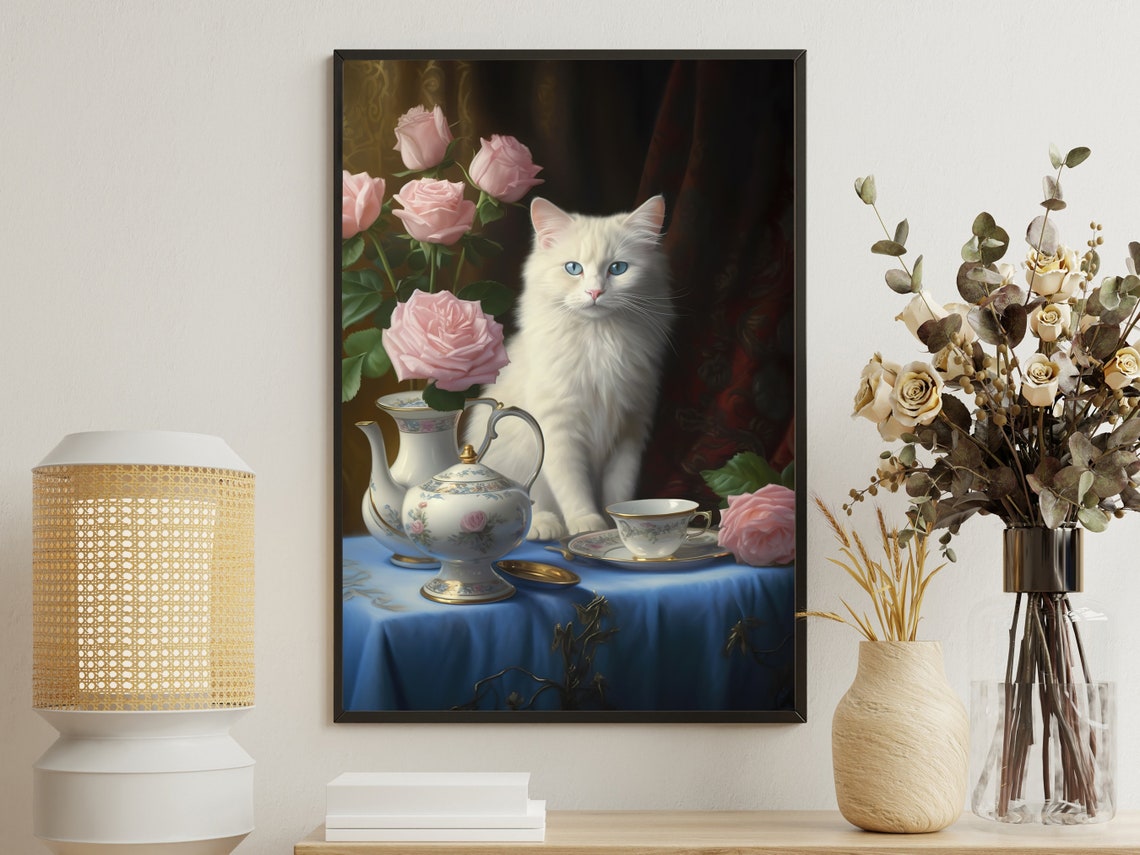 White Cat with Tea Set and Pink Roses Elegant Classic Cat Art Poster