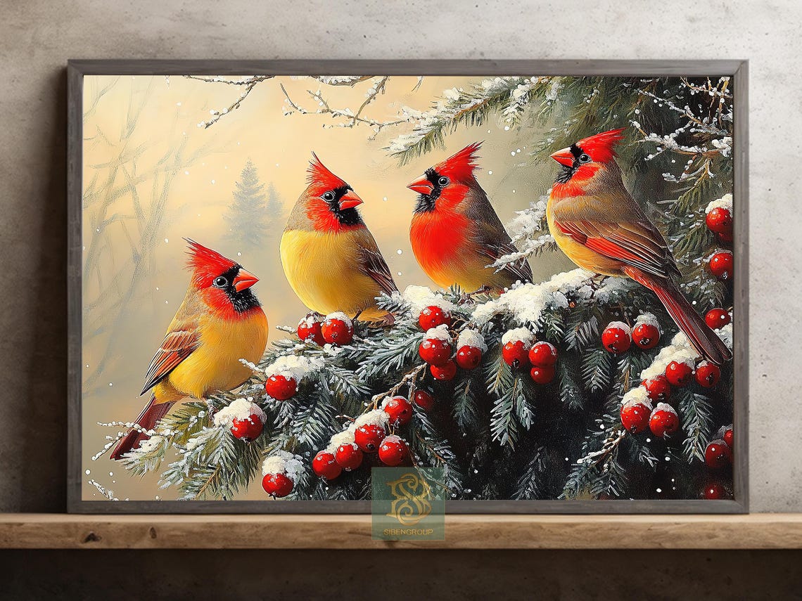 Four Red Cardinals Perched On Snowy Pine Branch With Red Berries Print
