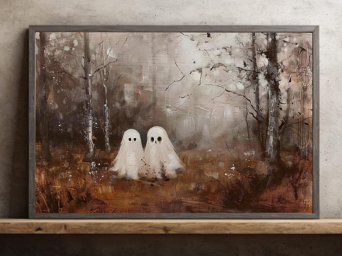 Two Sheet Ghosts in Misty Autumn Forest Impressionist Painting Poster