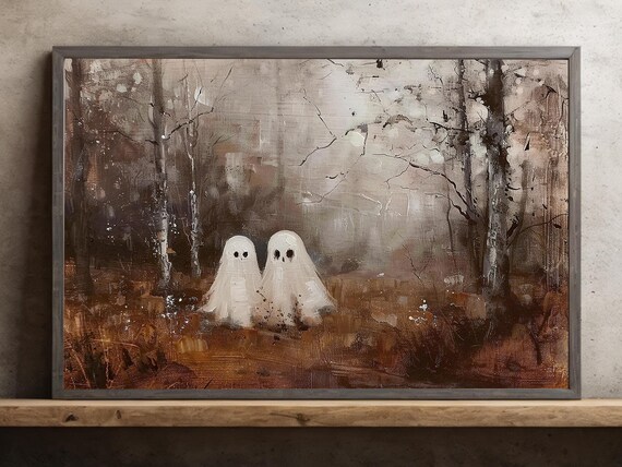Two Sheet Ghosts in Misty Autumn Forest Impressionist Painting Poster
