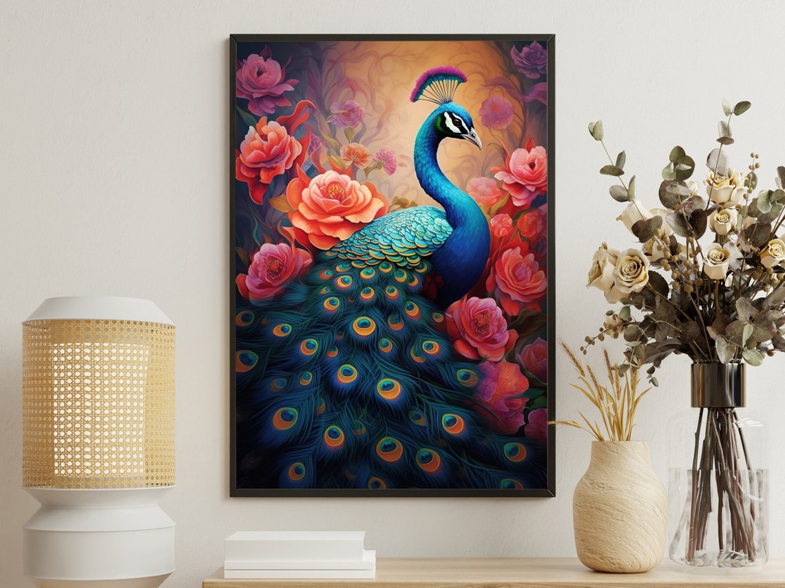 Vibrant Peacock Among Coral Roses Warm Sunset Glow Animal Wall Art