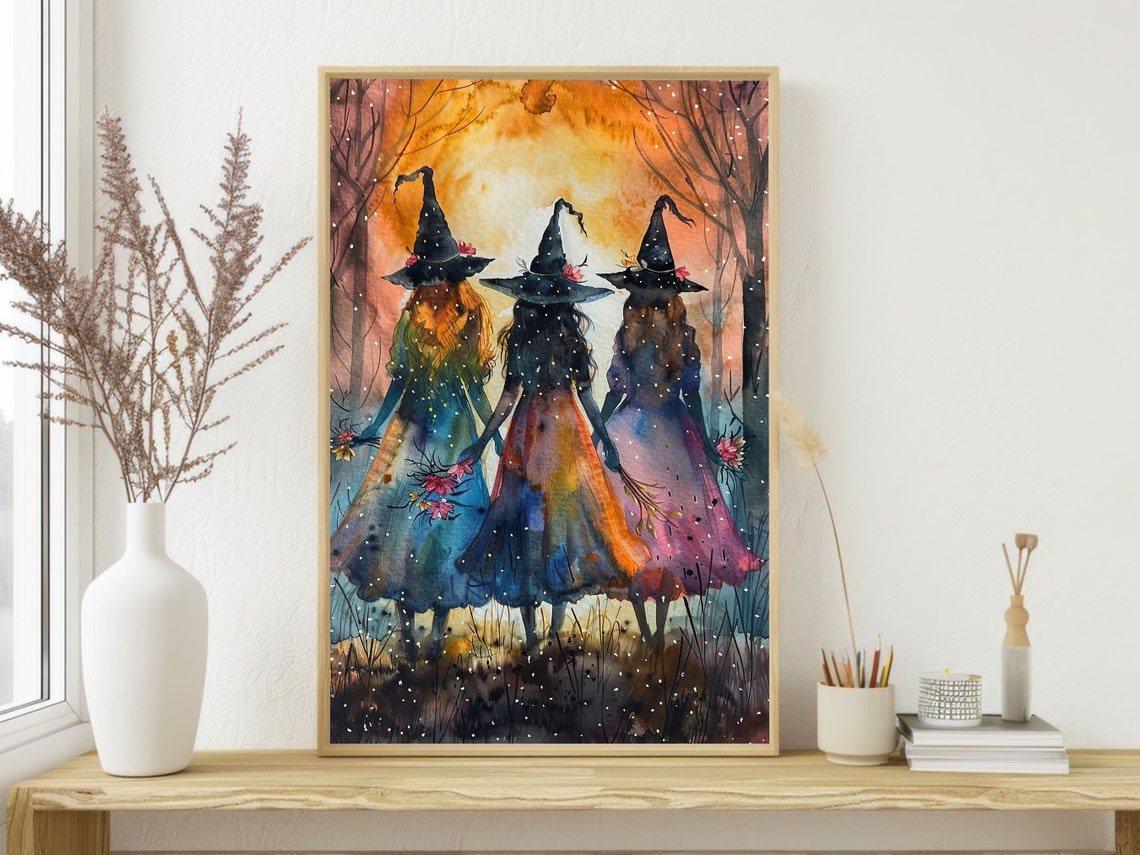 Three Young Witches Walking Into Sunset Colorful Watercolor Poster - Image 3