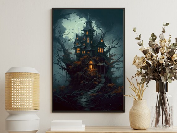 Haunted Victorian Castle At Night With Glowing Windows Mist Gothic Poster
