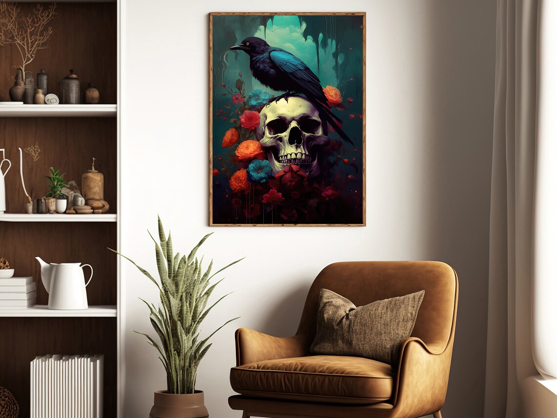 Crow Perched On Skull Among Colorful Blooms Teal Gothic Dark Art Poster - Image 4