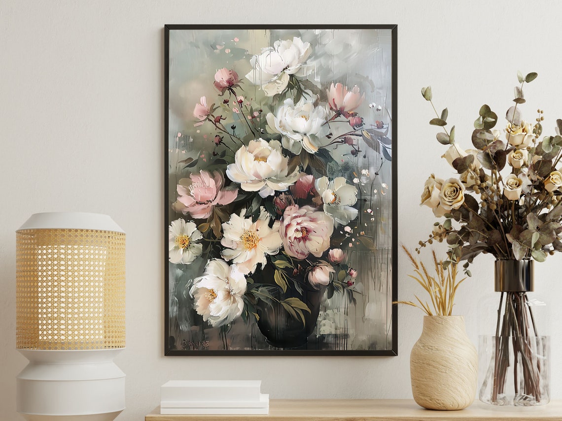 Vintage Flowers Vase Painting Retro Flowers Art Print Cottage Flowers Print Esthetic Flowers Poster Flowers Wall Art
