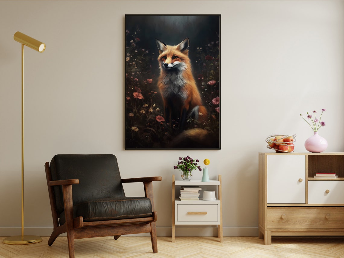 Red Fox Among Wildflowers Moody Dark Forest Animal Art Poster - Image 3