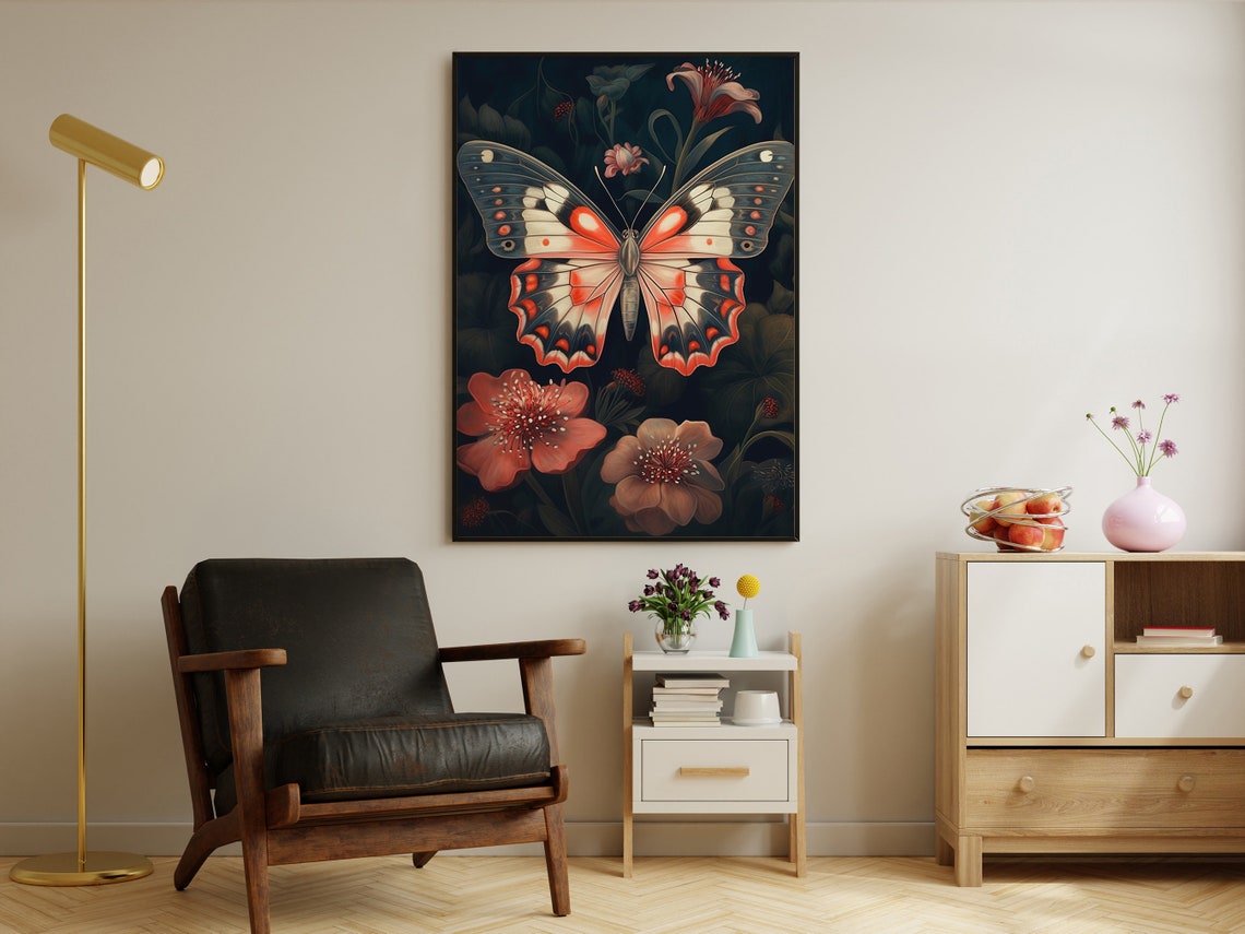 Coral Butterfly With Red And White Wings Among Dark Blossoms Poster - Image 2