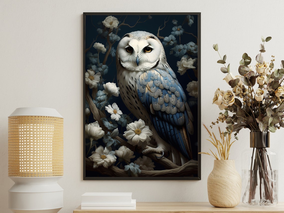 Vintage Floral Owl Painting Retro Owl Art Print Owl Print Bird Art Print Floral Animal Poster Print Wild Animal Art Print