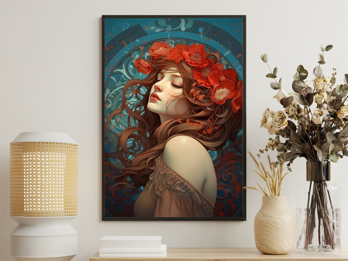 Dreamy Art Nouveau Beauty With Poppies In Flowing Brown Hair Poster