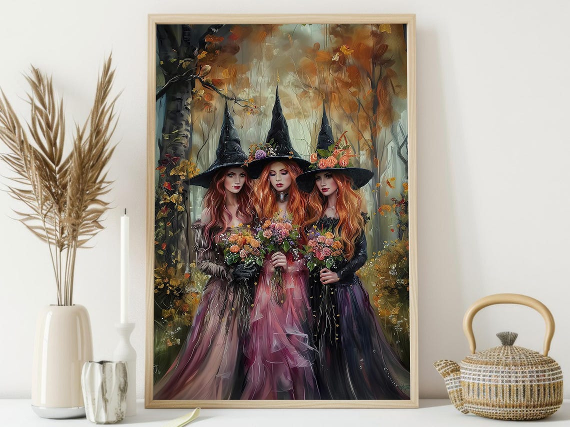 Three Beautiful Witches with Flower Crowns in Autumn Forest Art Poster - Image 4