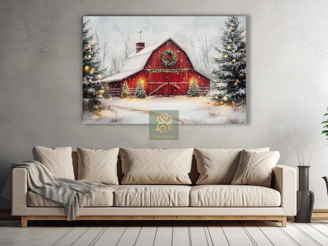 Red Barn In Snow With Christmas Wreath Lights Rustic Winter Poster - Image 3