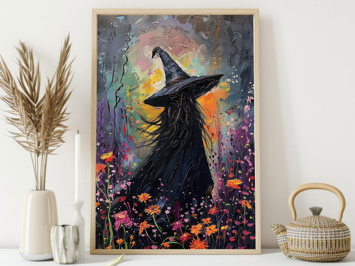 Young Witch In Wildflower Garden Impressionist Witchy Art Poster - Image 4