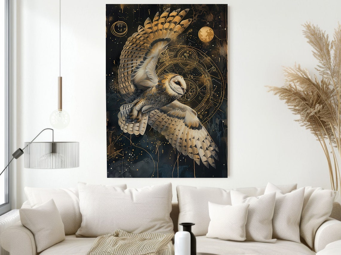 Barn Owl In Flight With Gold Constellations Dark Celestial Night Print - Image 2