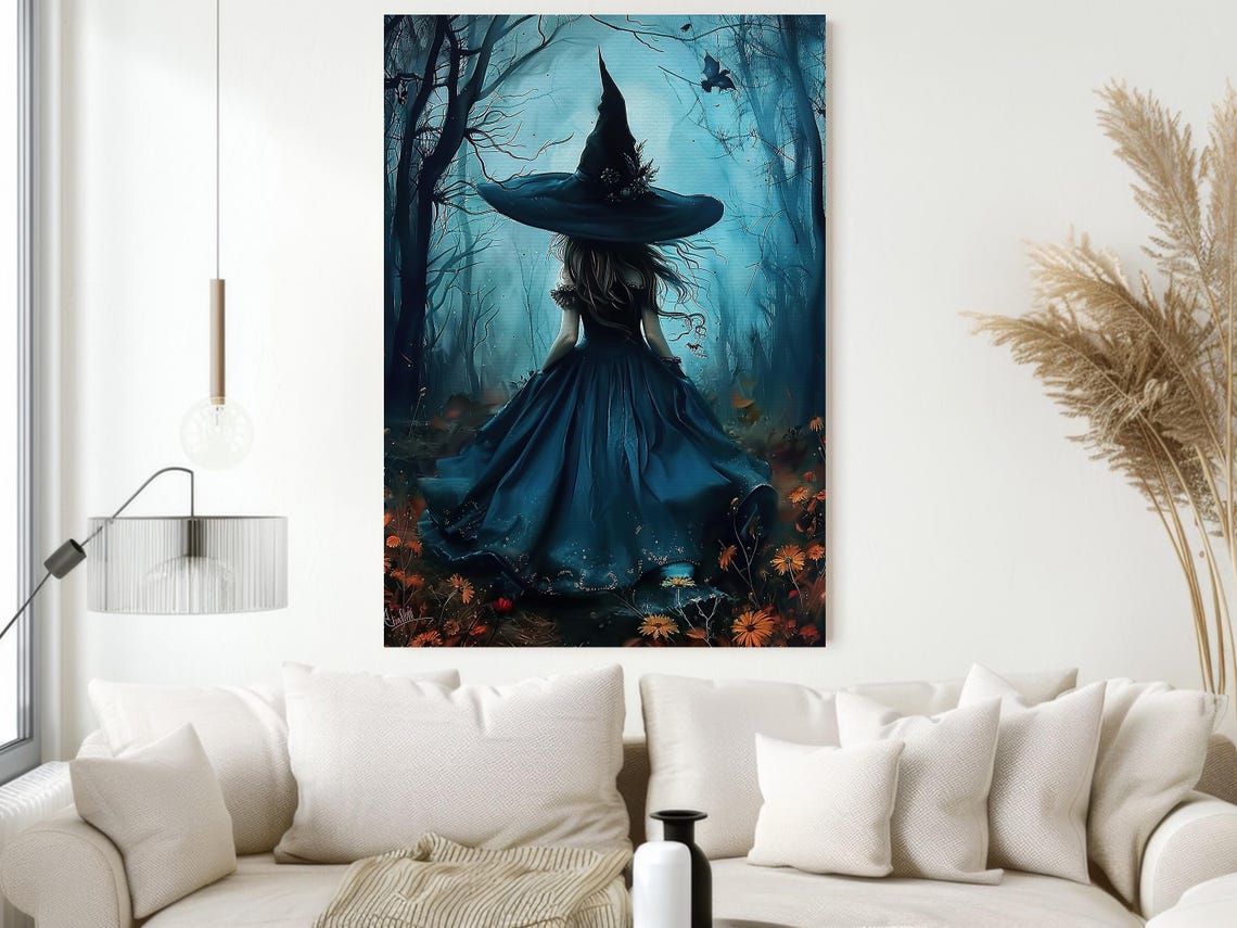 Young Witch in Blue Gown Walking into Misty Moonlit Forest Art Poster - Image 2