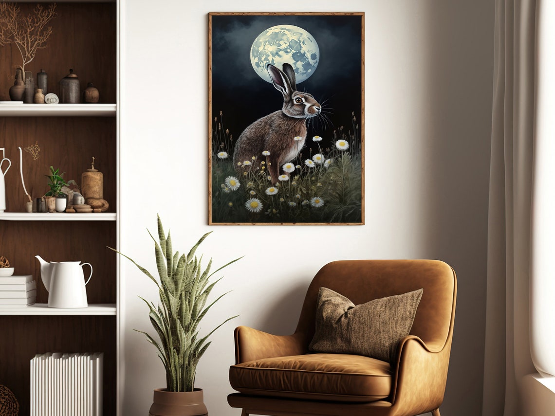 Hare Gazing At The Full Moon In A Daisy Meadow At Night Poster - Image 3