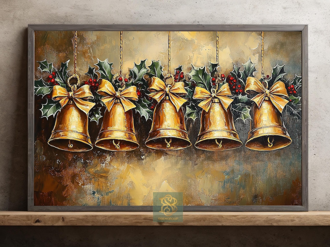 Vintage Golden Christmas Bells With Bows and Holly Painting Poster
