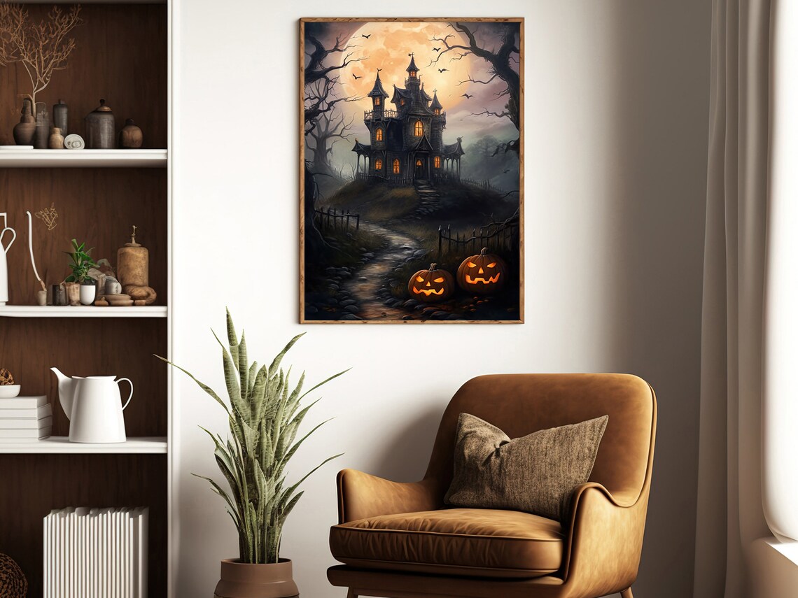 Haunted Castle On Hill Full Moon Bats Jack O Lanterns Spooky Halloween Poster - Image 3