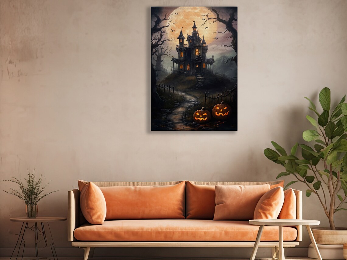 Haunted Castle On Hill Full Moon Bats Jack O Lanterns Spooky Halloween Poster - Image 2
