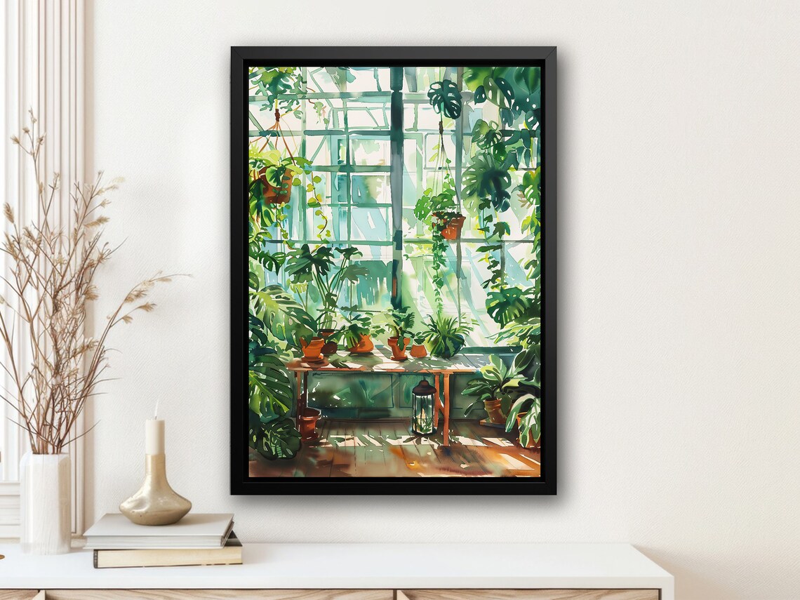 Sunlit Tropical Greenhouse Monstera Plants Watercolor Botanical Poster - Image 3