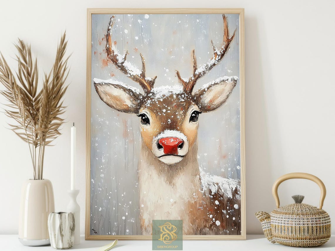 Cute Reindeer With Red Nose in Falling Snow Winter Portrait Poster - Image 3
