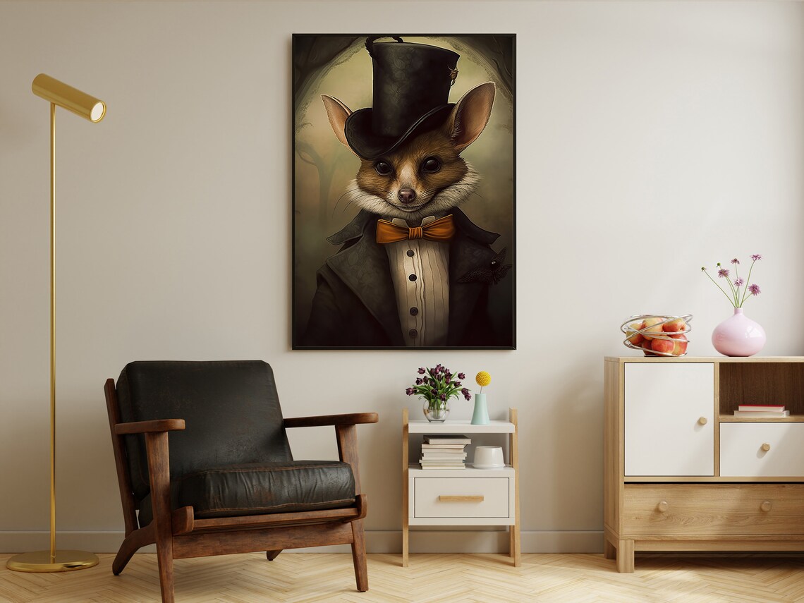 Victorian Bat Gentleman In Top Hat And Bow Tie Dark Animal Portrait Poster - Image 4