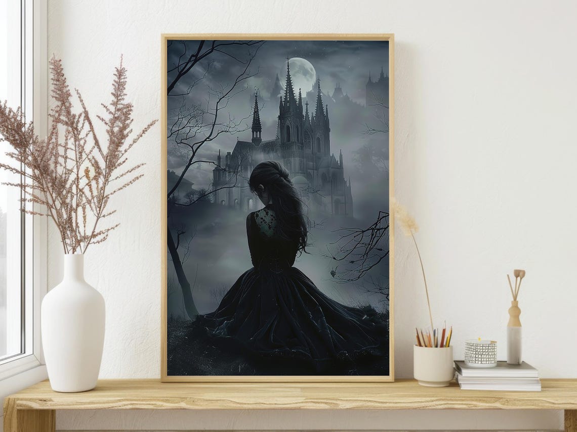 Young Witch Gazing at Misty Gothic Castle Under Full Moon Art Poster - Image 3