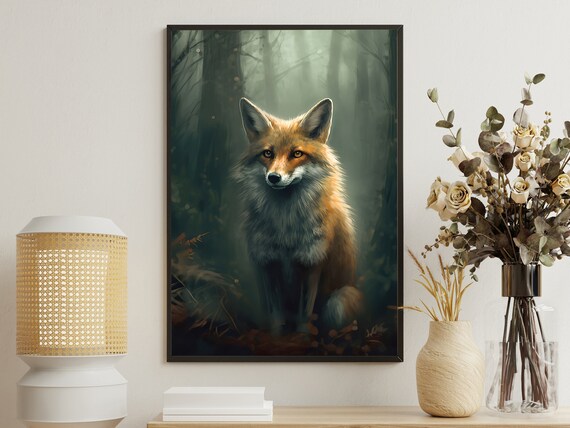 Red Fox In Misty Dark Forest Ethereal Light Vintage Wildlife Portrait Poster