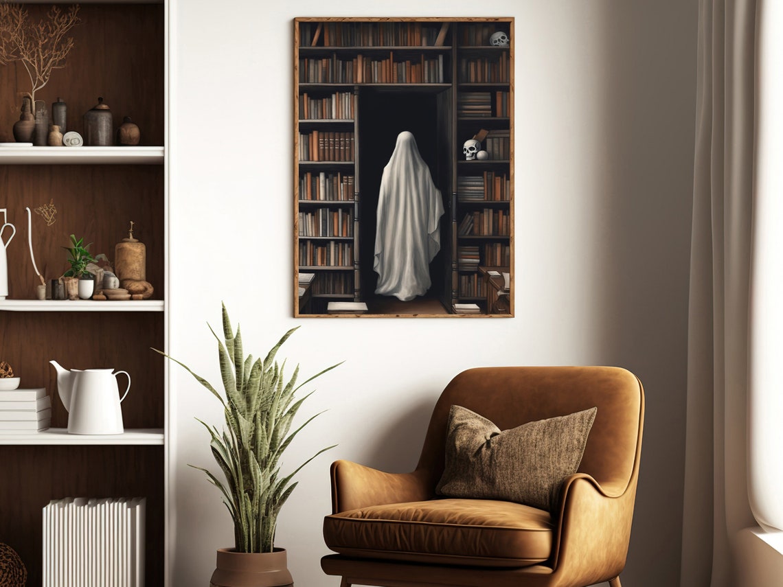 Ghost In Dark Academia Library Secret Door Spooky Art Poster - Image 3