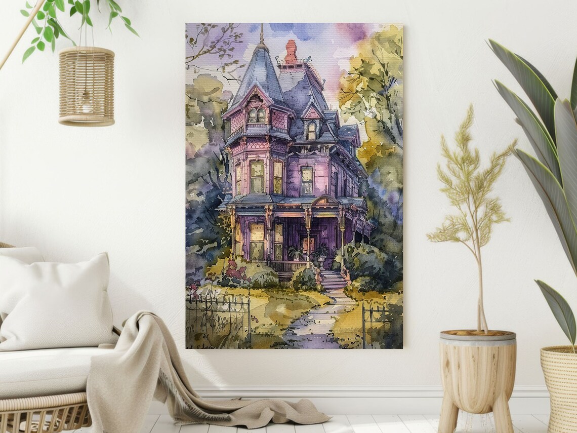 Pink Victorian Mansion Tower Watercolor Haunted House Halloween Dreamy Art Poster - Image 2