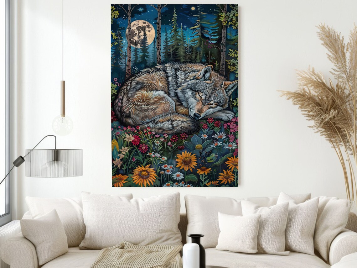 Sleeping Wolf Moonlit Pine Forest Wildflower Night Wildlife Painting Poster - Image 2