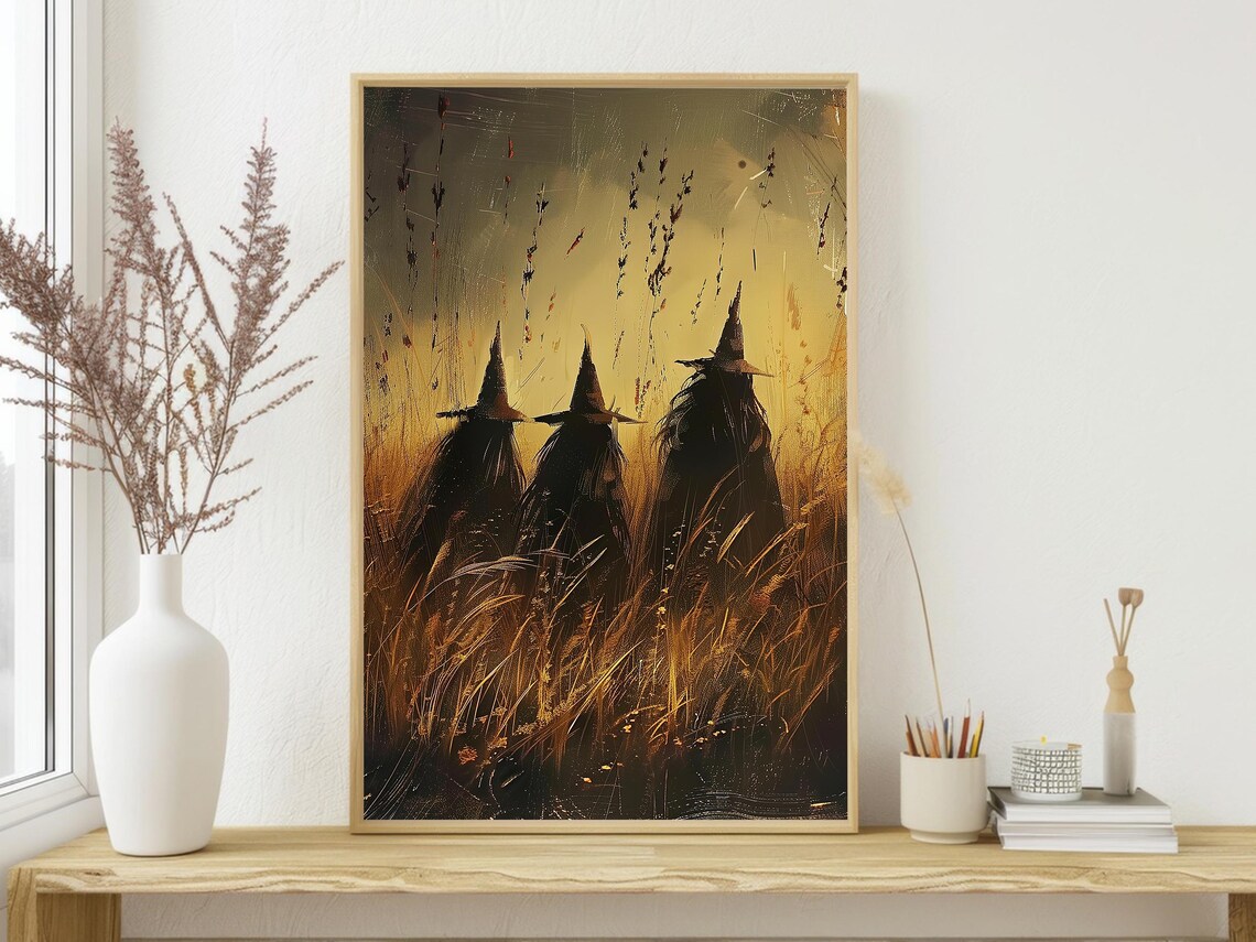 Three Witches in Golden Wheat Field Sunset Rustic Harvest Halloween Poster - Image 3