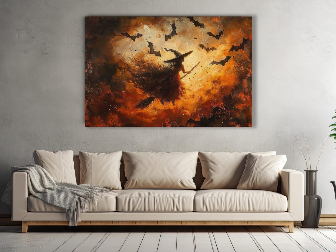 Witch On Broom Flying Through Fiery Orange Storm Sky Art Print - Image 2