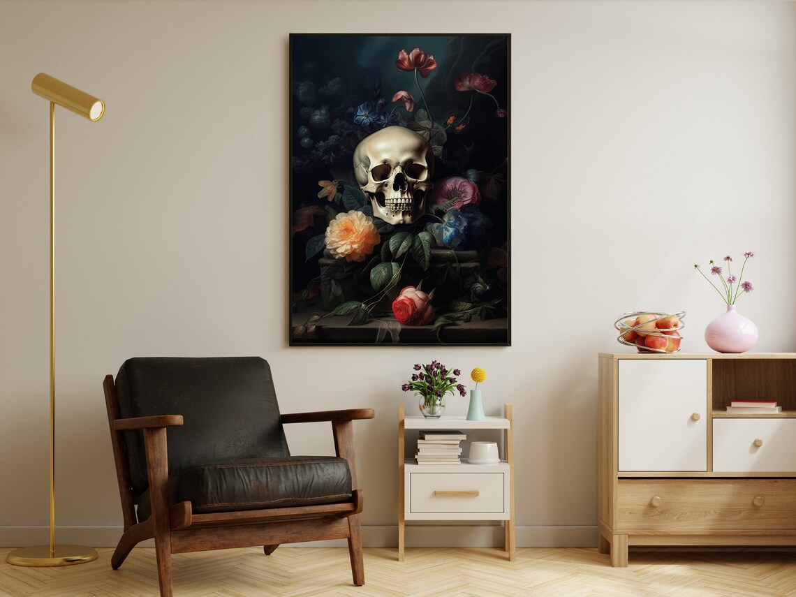 Vanitas Skull With Peonies Roses Dark Floral Vintage Baroque Still Life Poster - Image 4