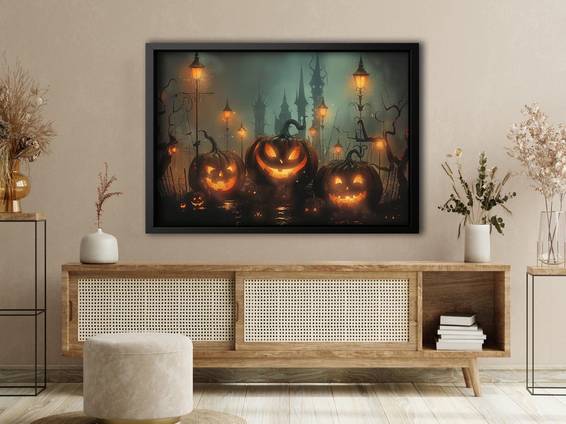 Glowing Jack O Lanterns on Misty Lamplit Street Haunted Night Poster - Image 4