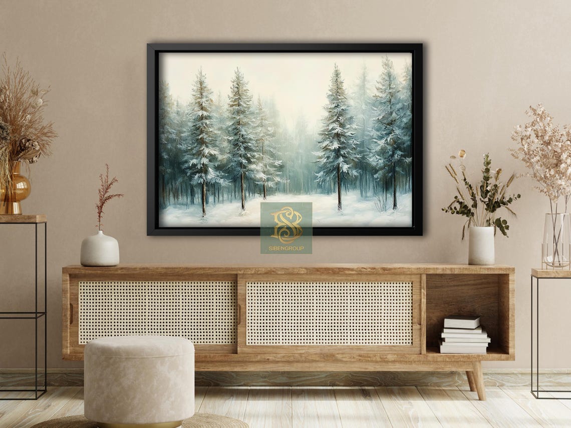 Snow Covered Pine Trees In Misty Winter Forest Serene White Wall Art - Image 4