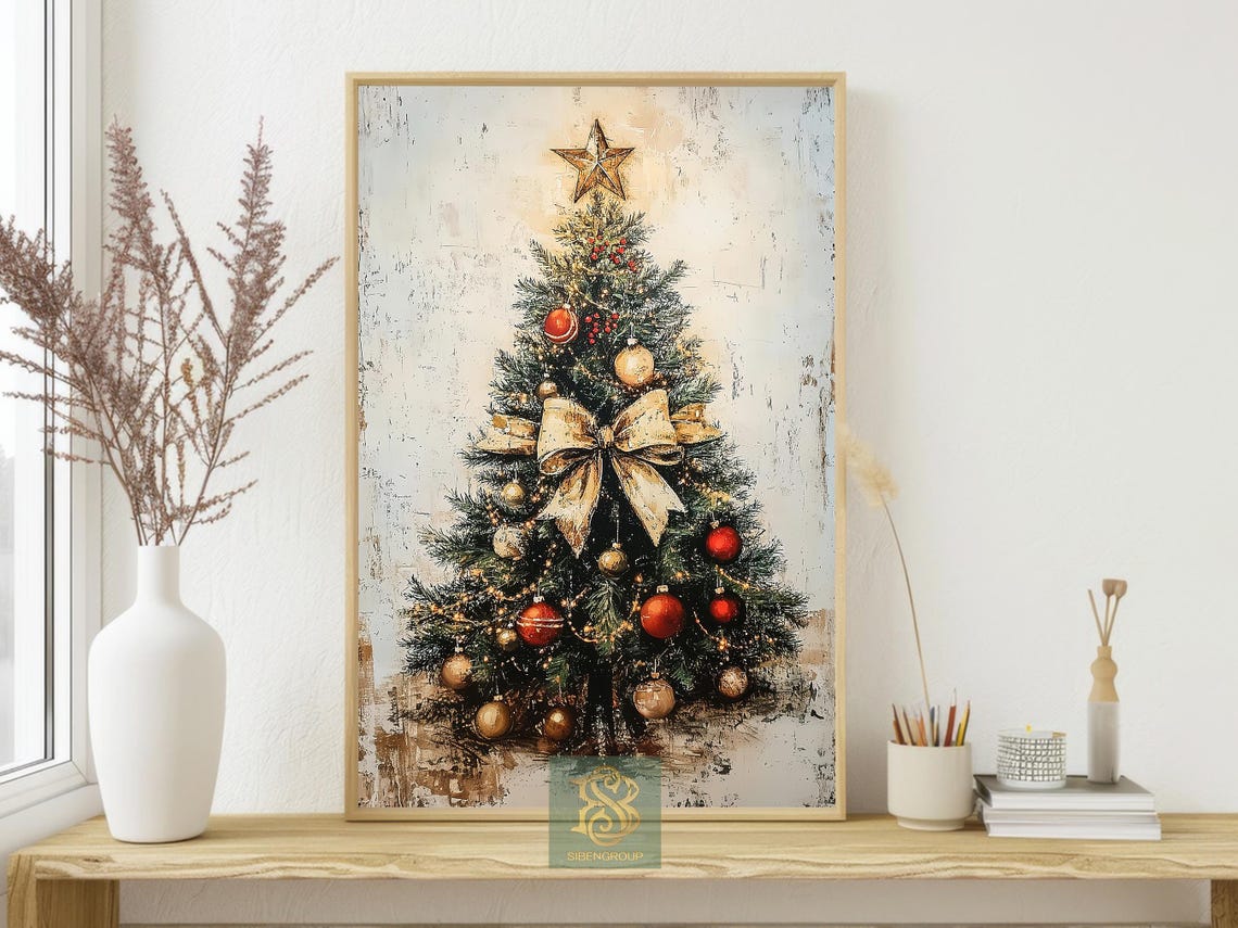 Rustic Christmas Tree With Cream Bow Red Gold Ornaments Art Poster - Image 3