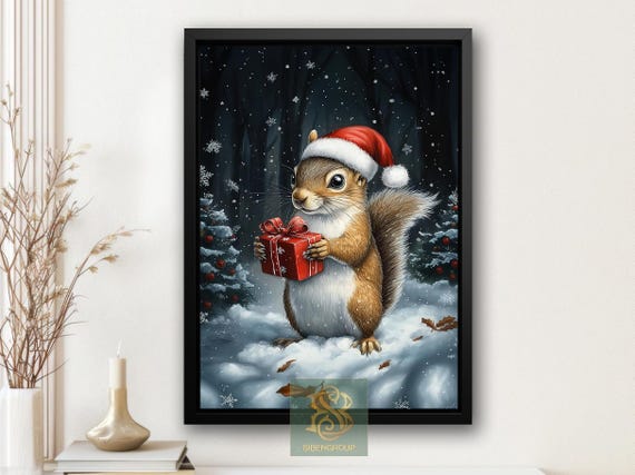 Cute Snowy Squirrel Painting Cottage Winter Squirrel Rustic Winter Poster Winter Wall Art Christmas Decor