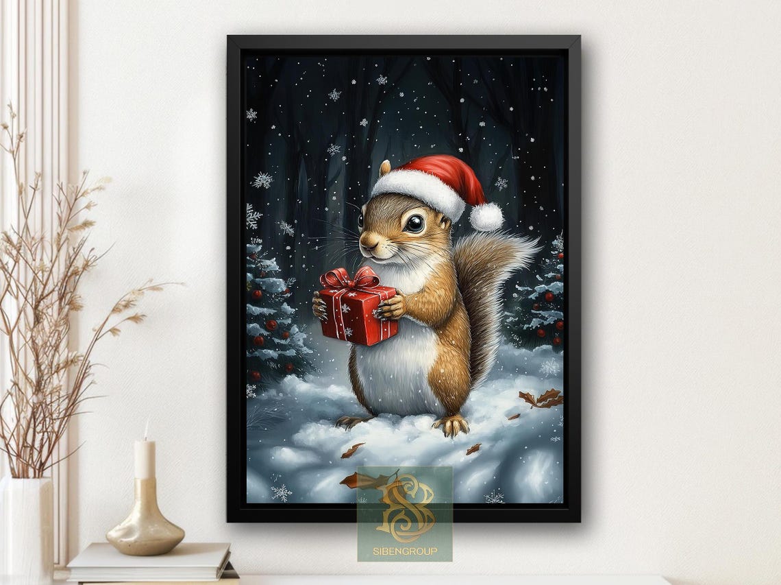 Cute Snowy Squirrel Painting Cottage Winter Squirrel Rustic Winter Poster Winter Wall Art Christmas Decor