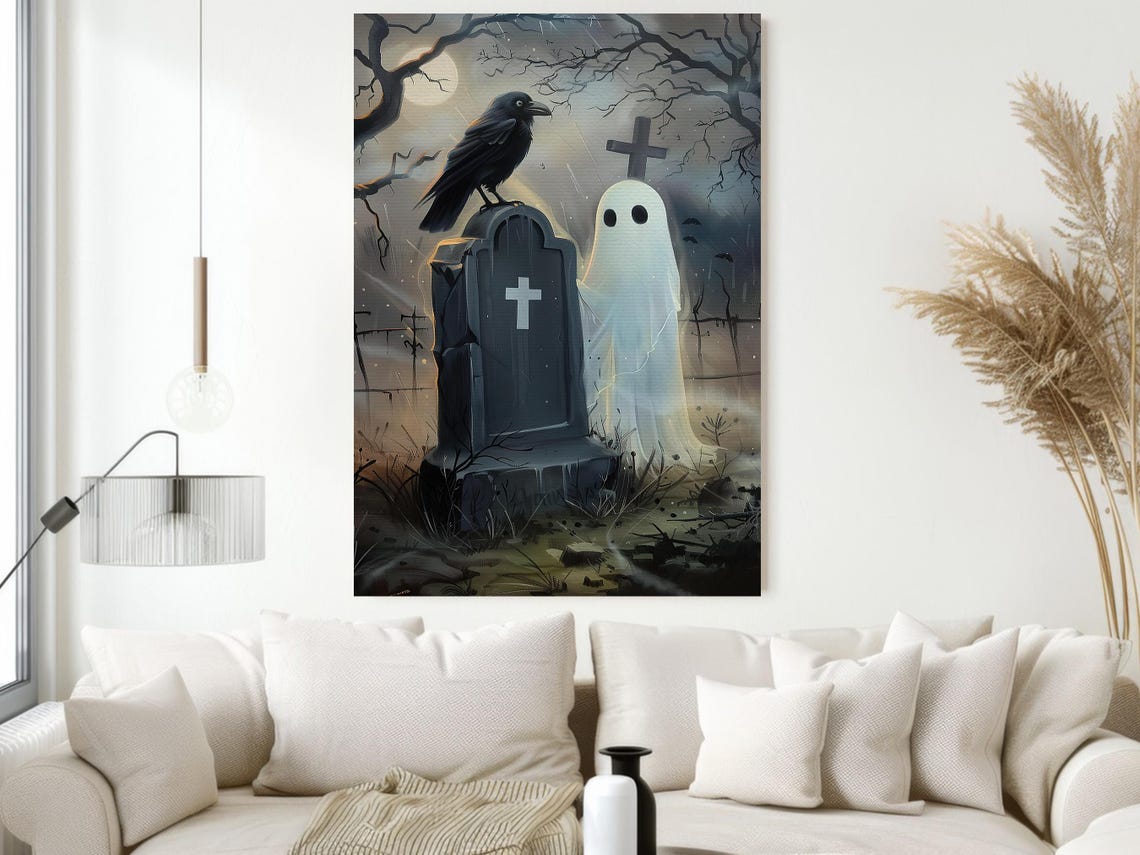 Cute Ghost with Raven on Tombstone Moonlit Graveyard Halloween Poster - Image 2