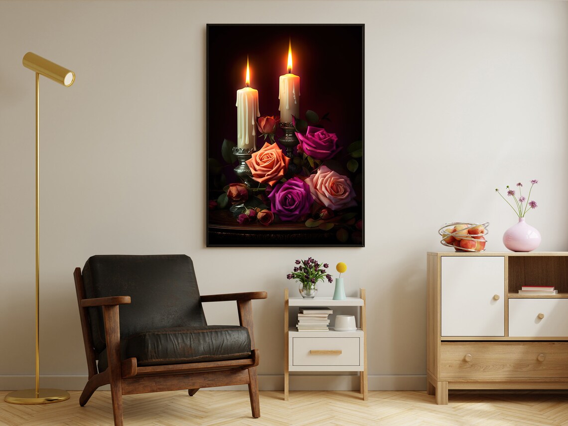 Burning Candles And Romantic Roses In Dark Candlelight Still Life Poster - Image 2