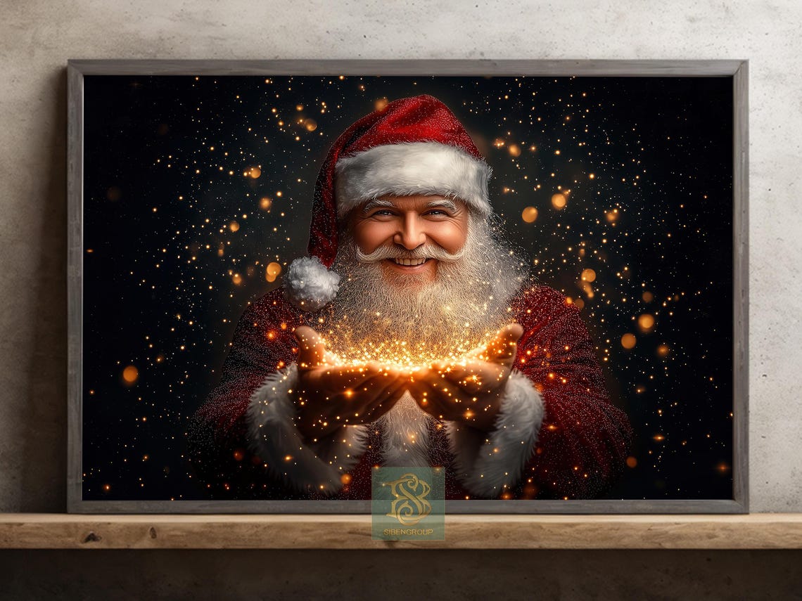 Santa Claus Holding Golden Magic Lights on Dark Starry Night Poster