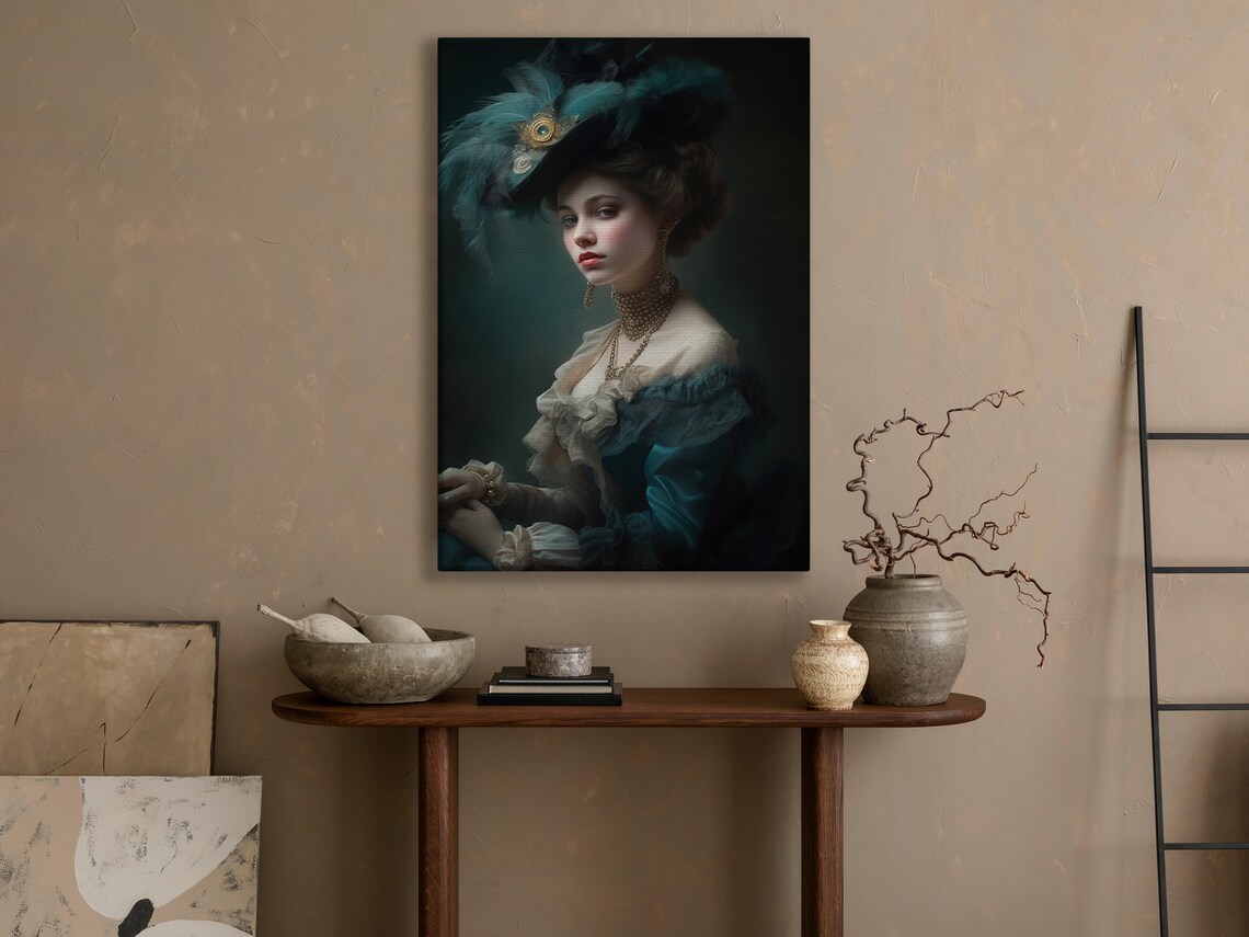 Victorian Lady Feathered Hat Teal Gown Moody Portrait Dark Academia Art Poster - Image 4