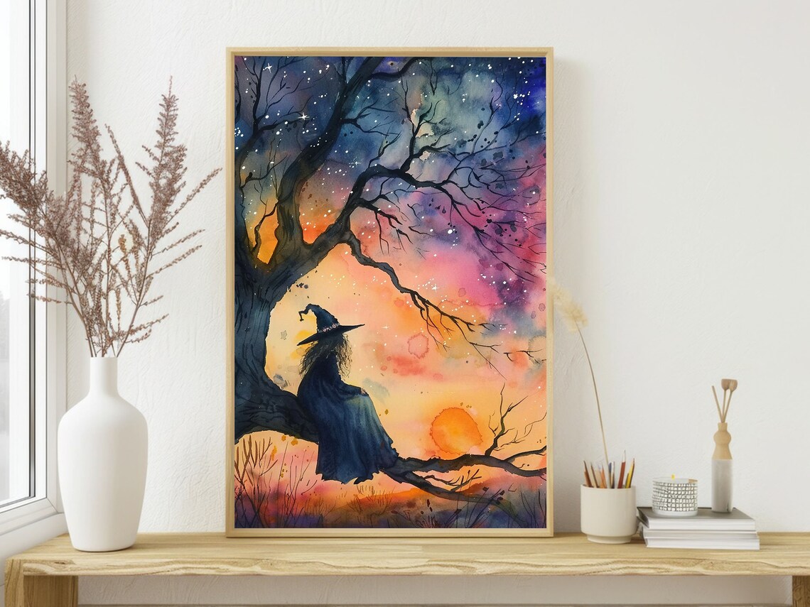 Witch Sitting On Tree Branch Galaxy Sunset Starry Watercolor Halloween Art Poster - Image 4
