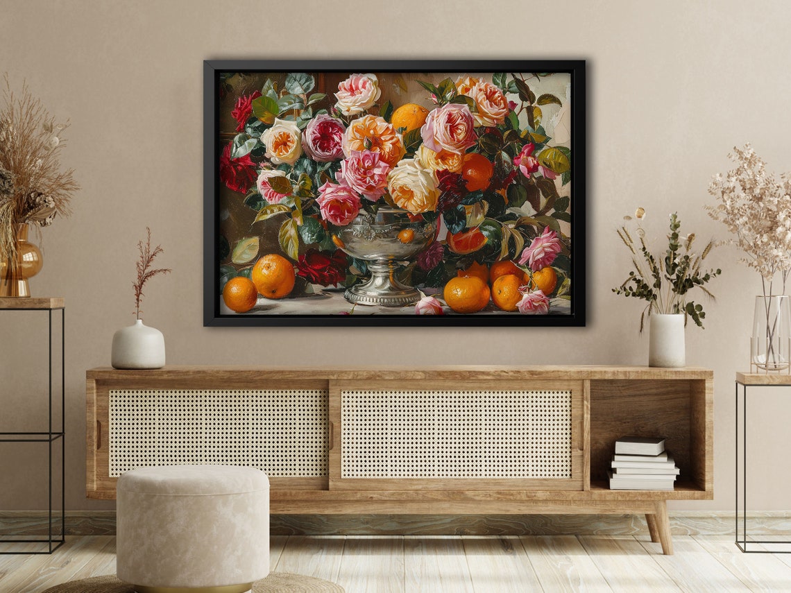 Roses And Oranges Still Life Silver Urn Classic Floral Art Poster - Image 4