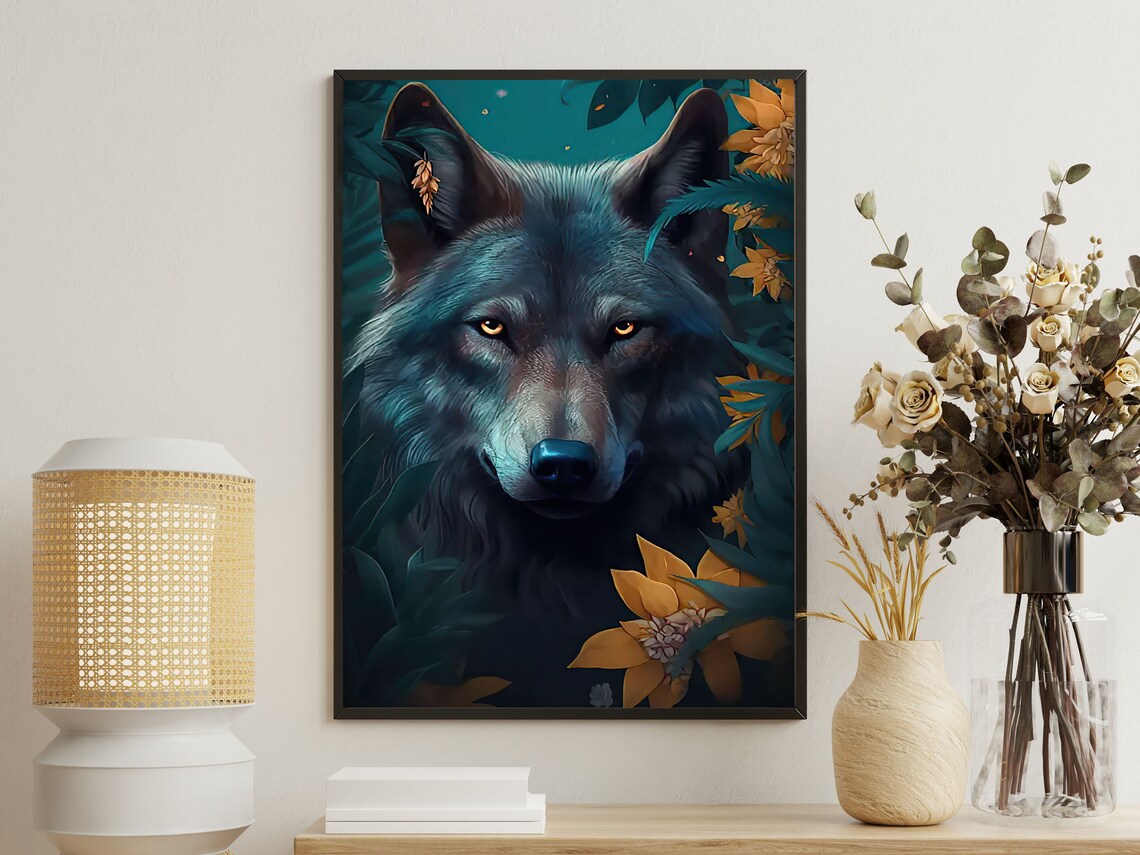 Dark Wolf Portrait In Teal Forest Light Among Golden Flowers Animal Poster
