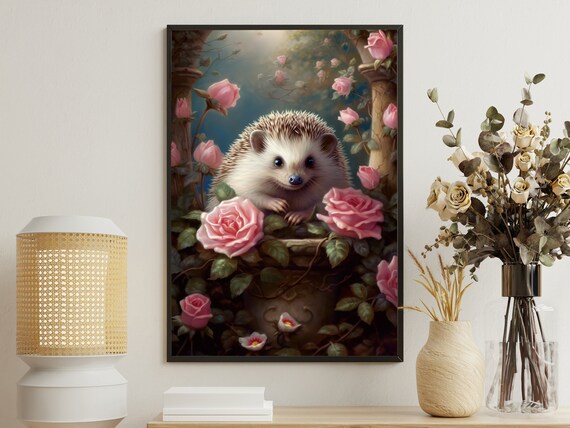 Hedgehog Nestled Among Pink Roses Vintage Cottage Animal Art Poster