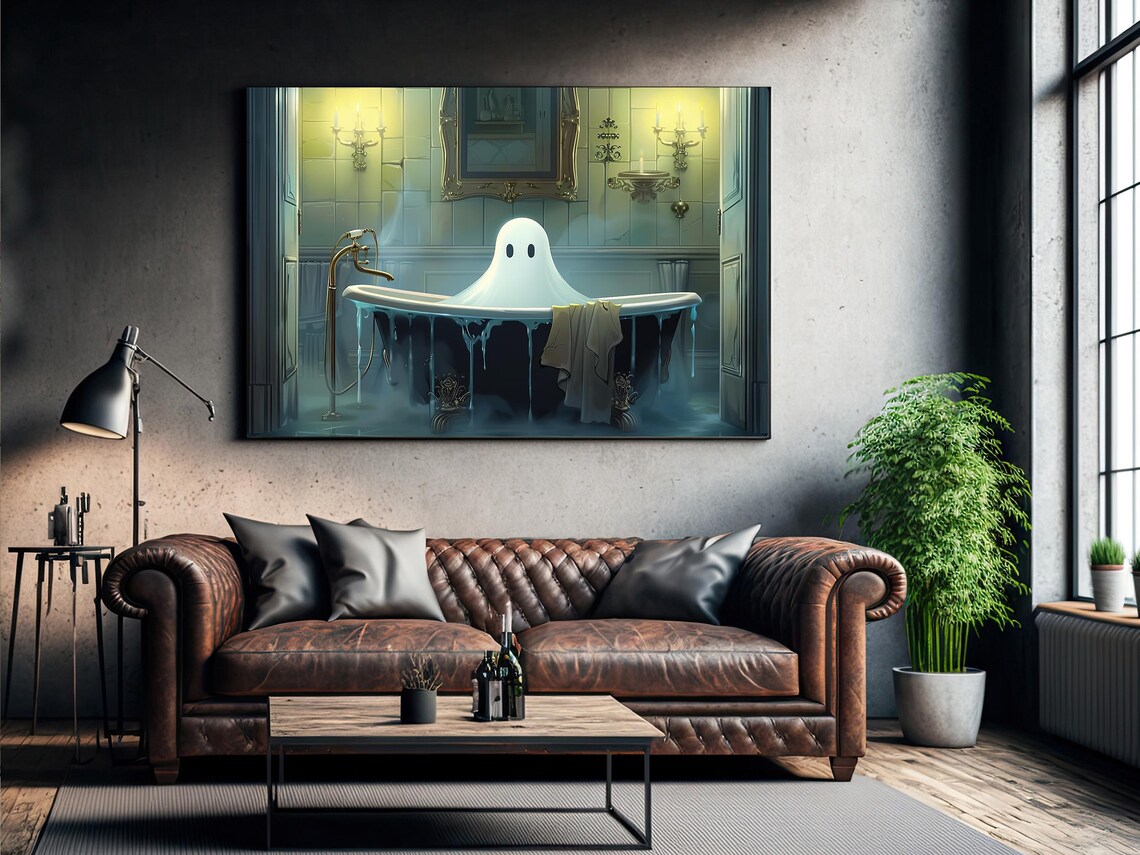Cheerful Ghost in Grand Clawfoot Tub Elegant Bathroom Candlelit Print Poster - Image 2