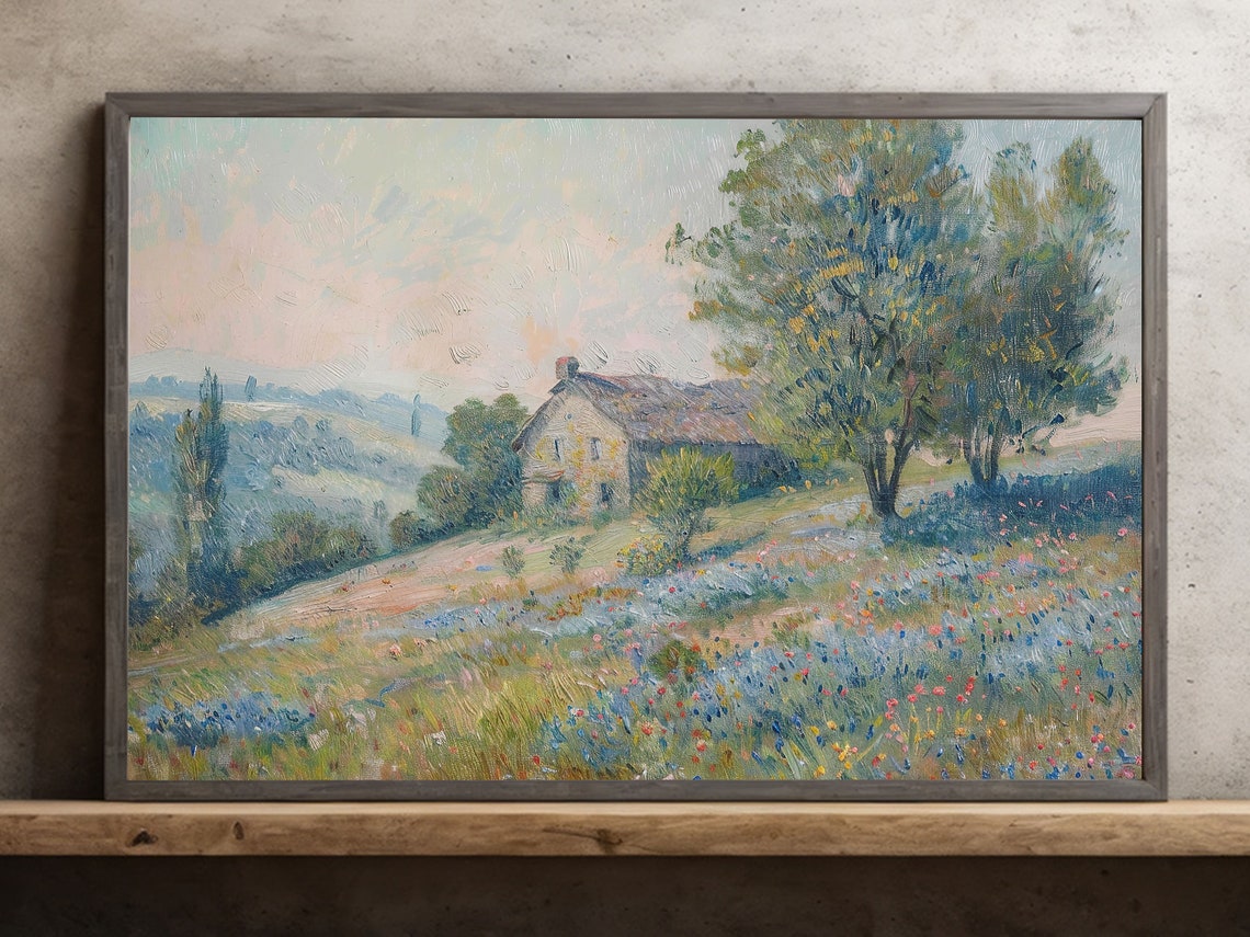 Stone Cottage On Wildflower Hillside Soft Countryside Art Poster