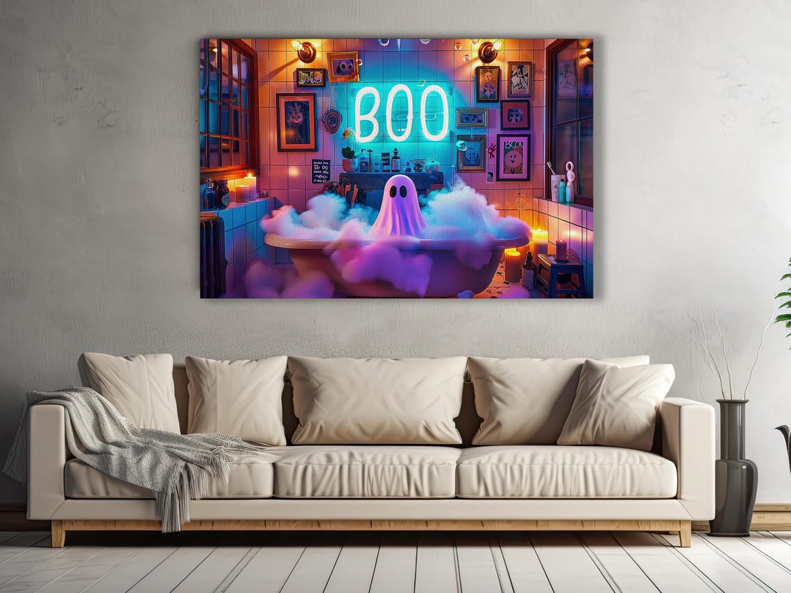 Cute Ghost In Neon Lit Bubble Bath BOO Sign Spooky Halloween Wall Art - Image 2