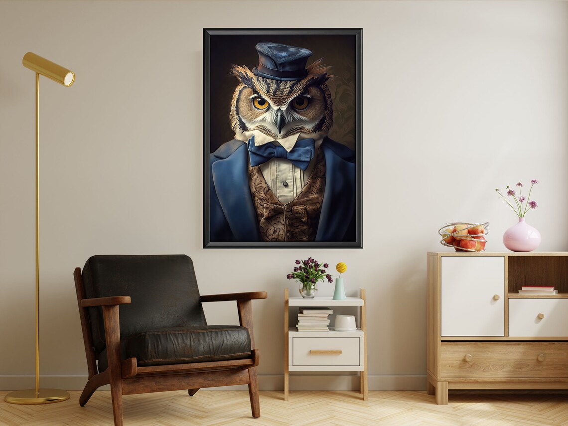 Renaissance Gentleman Owl Top Hat Tuxedo Bow Tie Vintage Portrait Print - Image 3